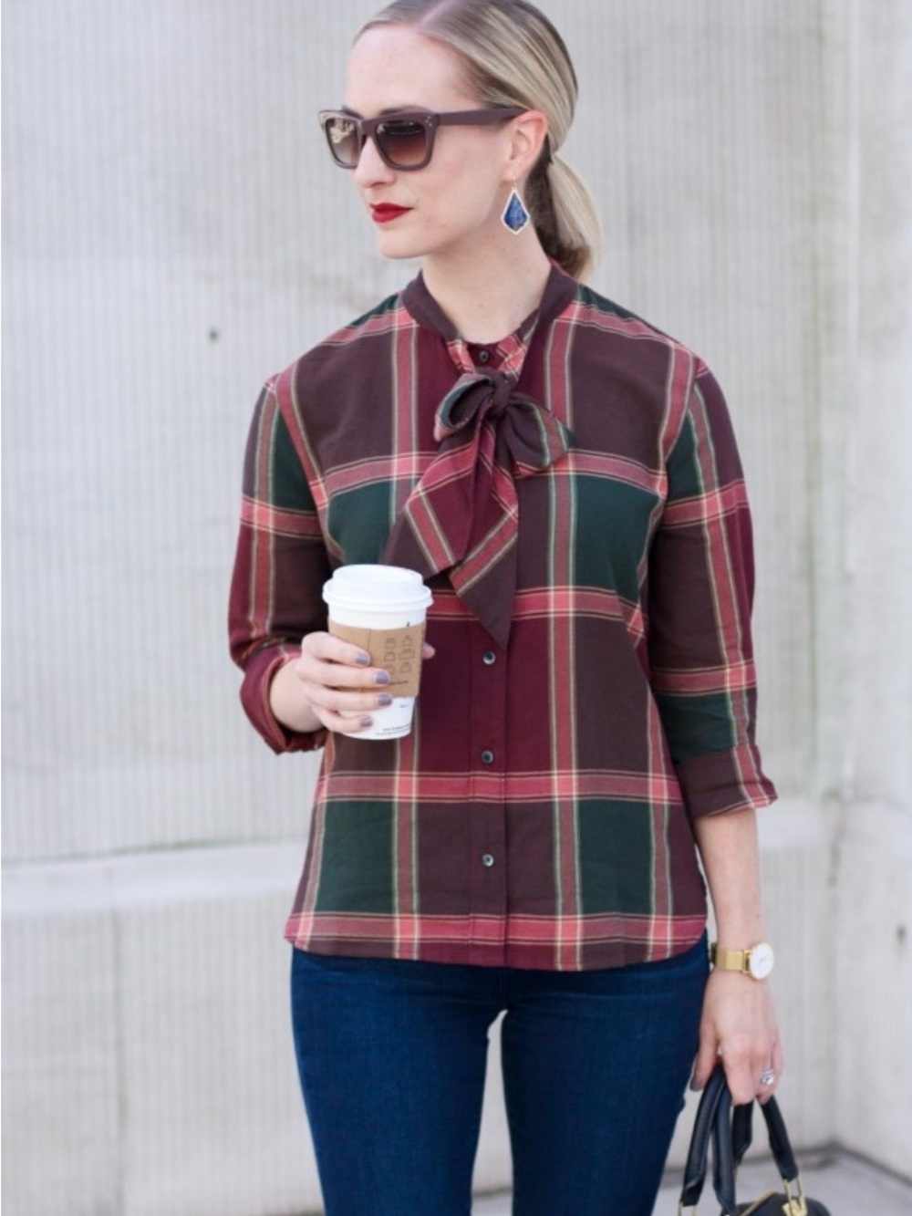 Madewell Plaid Tie-Neck Blouse in Burgundy and Green - Women Tops